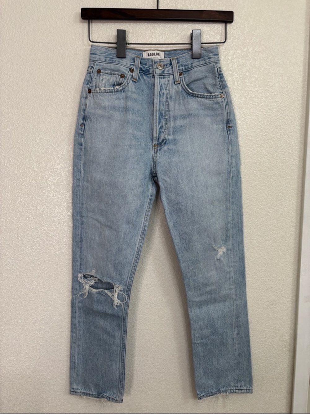 AGOLDE Riley High Rise Straight Crop Jeans Light Wash Distressed Denim